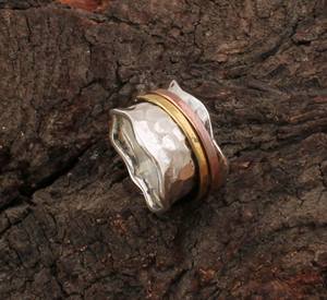 925 Sterling Silver Spinner <b>Ring</b> with Hammered Finish Mixed Metal Copper & Brass Fidget Meditation <b>Ring</b> <b>for</b> Women and <b>Men</b> - Product Image 2