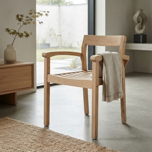 Solid Teak Wood Garden <b>Armchair</b> Slatted Seat Curved Armrest Natural Finish Outdoor Patio <b>Dining</b> Side Chair Setup Art Decor - Product Image 5