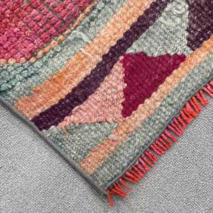 3x11.4 ft Herki Turkish Vintage <b>Wool</b> Rug <b>Red</b> Gray Patchwork Floral Design Eco-Friendly Latex Backing - Product Image 4