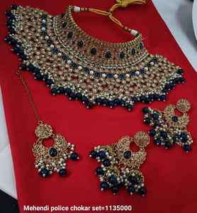 Indian <b>Drop</b> & Kundan Stylish Traditional & Fashionable HeavyGold Tone Kundan <b>Pearl</b> Choker <b>Necklace</b> Earring Set With Mangtika Set - Product Image 6