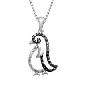 925 Sterling Silver Black and White Simulated Diamond Penguin Pendant For Womens