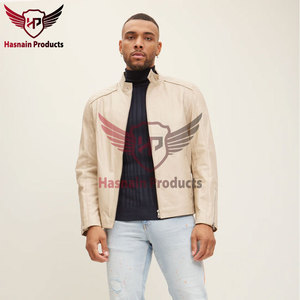 Veste en cuir véritable pour homme, col mandarin, poignets zippés en peau de mouton, style Cafe Racer, manteau de motard, vêtement d'extérieur personnalisé chaud pour l'hiver - Product Image 2