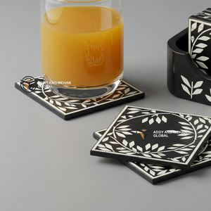 Un fournisseur indien propose des sous-verres faits à la main en incrustation d'os noir et blanc avec support sous-verres à motif floral - Product Image 3