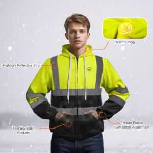 Sweat à capuche d'hiver de sécurité réfléchissant haute visibilité imprimé de logo personnalisé pour hommes 100% conception de bande de réflecteur de vêtements de travail en coton fabricants - Product Image 2