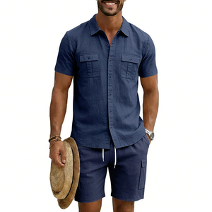 Men's Navy Blue Short Sleeve Shirt Cargo Shorts <b>Set</b> Casual Summer Outfit Solid Color Breathable <b>Knitted</b> Fabric BLIZ SPORTS WEAR - Product Image 1