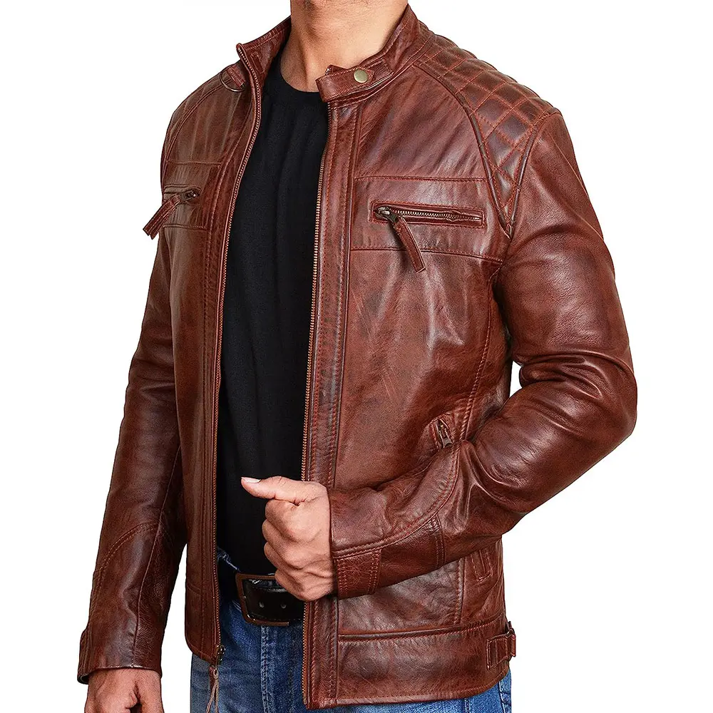 Veste d'hiver en cuir mince à col masculin avec poche zippée, veste décorative en cuir, vêtements de motard, veste pour hommes