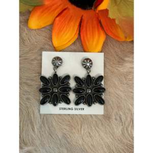 Jacqueline Silver <b>Onyx</b> & Sterling Silver Flower Stud <b>Earrings</b> with Pear Cut Diamond and Pearl - Product Image 1