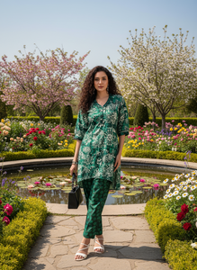 Elegant Floral Print Co-Ord Set for <b>Women</b> Contemporary Ethnic High-Low <b>Kurta</b> Pants Matching Scarf Party Wear Polyester Quick Dry - Product Image 4