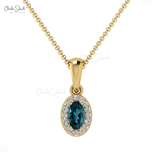 Pendentif Halo Ethnique en Or Massif 14K Pierre Naturelle 1mm Diamant Blanc Topaze Bleue de Londres Diamant Blanc Topaze Bleue de Londres - Product Image 1
