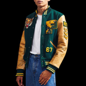 Chaqueta Universitaria de Lana de Alta Calidad al por Mayor OEM, Chaqueta Bomber de Béisbol Personalizada con Letras Bordadas, Cortavientos de Cuero - Product Image 4