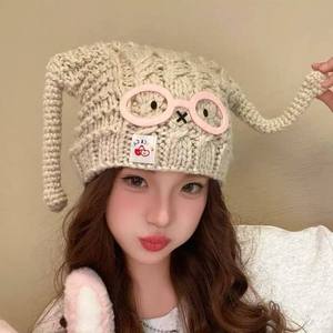 Gorro de punto jacquard de algodón hecho a mano con diseño de cachorro y gafas, cálido, con protección para las orejas, para mujer, otoño-invierno, hilo común - Product Image 3