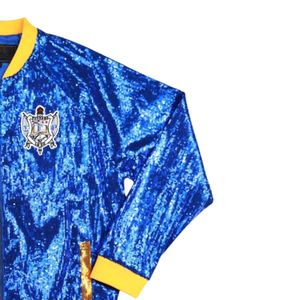 Sigma Gamma Rho SGRho Chaqueta de lentejuelas Azul real Oro Letras griegas Bordado Crest Sorority Bomber Greek Life Apparel - Product Image 3