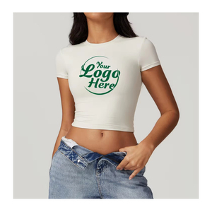 Camiseta corta Sexy ajustada para mujer, excelente rendimiento de costo, Camiseta de punto plisada de manga corta recortada de verano, estampado de talla XL - Product Image 3