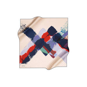 Beige Silk Crepe Satin Square <b>Scarf</b> with Abstract Pattern - Product Image 1
