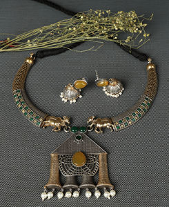 Oxidized Antique Silver <b>Necklace</b> Earring Jewelry set Green Stone Tribal Jewelry Gift for wife - Product Image 2