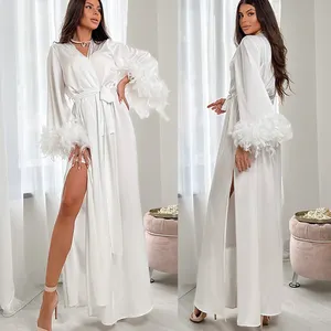 2023 Summer Women Luxury Bath Robes Long White Loose Silk Satin Feather Robe For Women