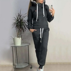 Survêtement femmes 2 pièces jogging costumes pour femmes costume couleur unie survêtements polaire doublé sweats à capuche pantalon ensemble - Product Image 3