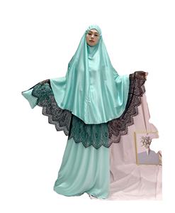 Ensemble de vêtements islamiques pour femmes 2023 Niqab musulman et Khimar Hijab Robe Ramadan Robe de prière avec dentelle plissée perle décor Abaya Robe - Product Image 1