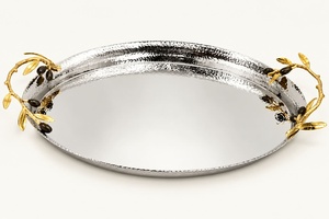 Bandeja Ovalada Plateada con Asas de Rama de Olivo Dorada, Artesanía Metálica Hecha a Mano, Decoración de Mesa Contemporánea, Accesorio para Sala de Estar - Product Image 1