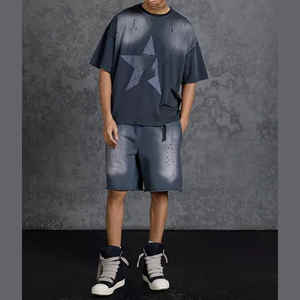 Chándal de algodón 100% para hombre, camisa y pantalones cortos desteñidos al sol y desgastados, conjunto de 2 piezas, conjunto doble con logotipo personalizado, novedad - Product Image 6