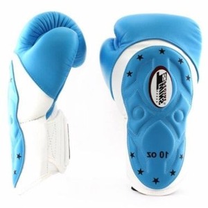 Gants de boxe en cuir de vachette de qualité supérieure, logo de marque personnalisé, bleu et blanc, sangle de poignet pour l'entraînement de Muay Thai et les sports. - Product Image 4