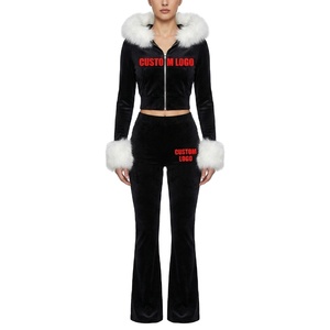 Ensemble de survêtement en velours 2 pièces pour femme, le plus vendu, avec veste à capuche en fourrure, sweat à capuche court à manches longues et pantalon de survêtement - Product Image 1