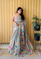 Sutra katun Linen lembut Saree cetak Digital untuk orang dewasa Batik Floral anyam seluruh tubuh dengan kaya perak batas palet etnis