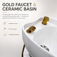 Fauteuil de lavage de cheveux pour salon, beige, avec robinet doré, lavabo en céramique blanc, repose-pieds extensible, réglage manuel