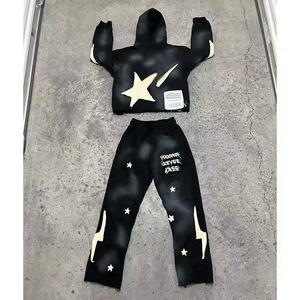 Ensemble de survêtement zippé délavé à l'acide effet soleil, coupe évasée, avec sweat à capuche et pantalon de jogging, grande taille, respirant, streetwear d'hiver - Product Image 2