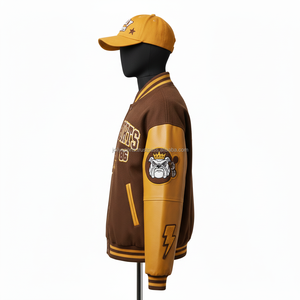 Veste universitaire pour femmes, corps en mélange de laine GSM avec panneaux de manches en cuir PU moutarde, logo personnalisé brodé, vestes universitaires pour femmes - Product Image 3