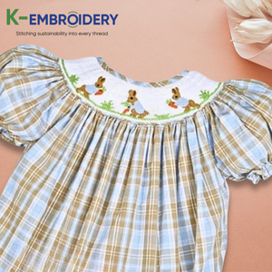 K-bordado hermoso azul marrón Patchwork venta al por mayor monos, ropa para niños smocked, ropa para niños SBS084 - Product Image 3