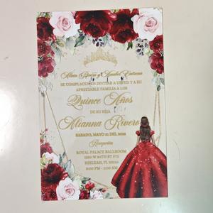 Carte d'invitation de mariage transparente en PVC de 1 mm, impression UV <span class=keywords><strong>rouge</strong></span> princesse florale et or, invitations Quinceanera, Sweet 16, 15 ans - Product Image 1