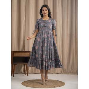 Vestido de Algodón Mulmul Gris con Estampado a Mano, Diseño Personalizado, Ropa Casual para Oficina, Día de Fiesta Gótica, Transpirable y Natural - Product Image 3