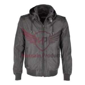 Collection Addison Blouson aviateur gris à capuche en cuir de qualité supérieure pour homme pour l'hiver - Product Image 1