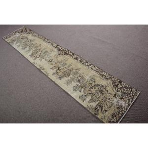 Vintage Turkish Runner Rug 1,8x8,7 ft, <b>Brown</b> Beige Ikat <b>Wool</b> Rug - Product Image 4