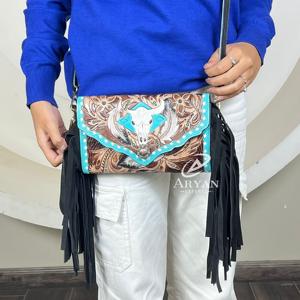 Sac à main artisanal en cuir véritable, style western, décoré de fleurs, en cuir de vache véritable, mini sac à bandoulière avec franges pour femmes, vente en gros - Product Image 1