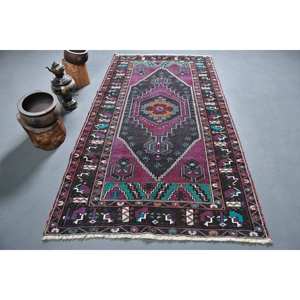 Tapis turc Vintage classique 4.4 X 8.1ft violet noir Patchwork Design fait à la main laine Polyester Latex pour salon couloir Rectangle - Product Image 1