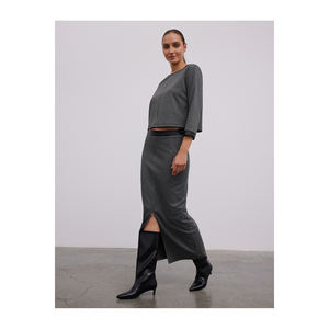 Falda midi ajustada con ribete de cuero y estampado de pata de gallo con aberturas - Product Image 5