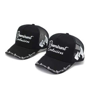 Custom Flame Embroidery logo Brim Printed logo Mesh Black Baseball Sports Trucker Hat - Product Image 1