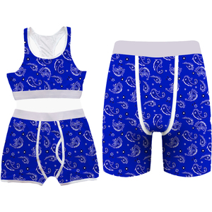 Conjunto de ropa interior con estampado de Cachemira azul personalizado para hombres y mujeres Top corto de sublimación y Calzoncillos Bóxer Tela deportiva transpirable - Product Image 1