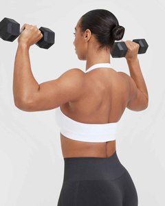 Women's White Seamless <b>Halter</b> Sports <b>Bra</b> Medium Support Yoga Workout Wear Scoop <b>Neck</b> Spandex Polyester Solid Color - Product Image 6