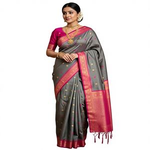 Sari de Diseño Indio en Algodón y Seda, con Bordado Jari, Estilo Étnico, Blusa de Exportación, Exclusivo de Boutique, Muy Vendido y de Moda - Product Image 1