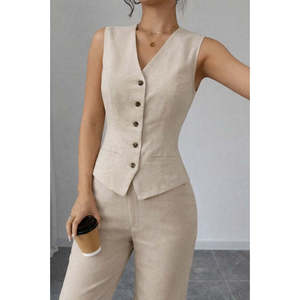 Ensemble deux pièces en lin pour femme, chemisier sans manches boutonné devant et pantalon, 36006 - Beige - Product Image 2