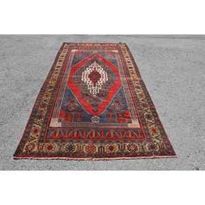 Vintage Turkish Rug Classic <b>Red</b> Blue 5.1 X 10.3ft Large Area Wool Material <b>Latex</b> Abstract for Teens Rectangle Hallway Design - Product Image 1