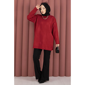 เสื้อคลุมลำลองคอกลมลายทางสีแดงสำหรับฤดูใบไม้ร่วง ทรงหลวมถักนิตติ้งยาว พร้อมเทคนิคการถักมือและลายแจ็คการ์ด - Product Image 1