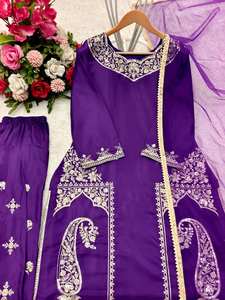 Nouvel ensemble prêt-à-porter en satin pur naturel, haut, farshi et dupatta, entièrement brodé, pour soirée, séchage rapide - Product Image 5