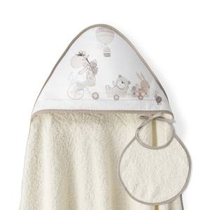Ensemble Serviette de Bain et Bavoir Bébé 1x1 MT. Serviette en tissu éponge beige à imprimé dessin animé Mod Jirafa-Bicicleta pour nouveau-né, pour la salle de bain - Product Image 1