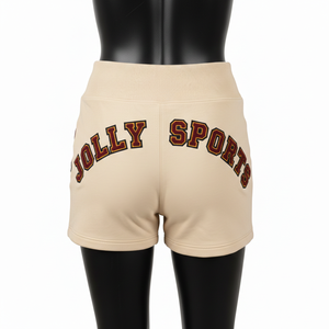 Shorts de sport pour femmes, 260 GSM, coton doux, élasthanne, molleton beige crème, broderie chenille, logo personnalisé. - Product Image 2