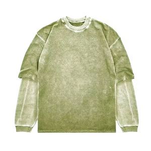 100% coton Logo personnalisé T-Shirt pour femmes/hommes lavage à l'acide uni Vintage Double couche à manches longues tissu tricoté de haute qualité - Product Image 3