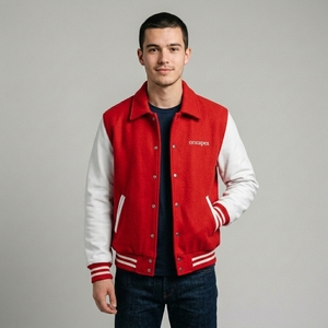 Premium <b>Red</b> White Letterman Jacket Woolen Body Leather Sleeves Rib Knit Collar Cuffs Snap Front Custom Logo Streetwear Outerwear - Product Image 1